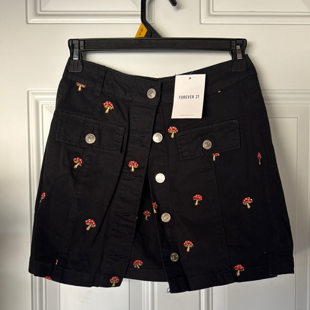 Forever 21 Black Skirt with Red Mushroom Embroidery